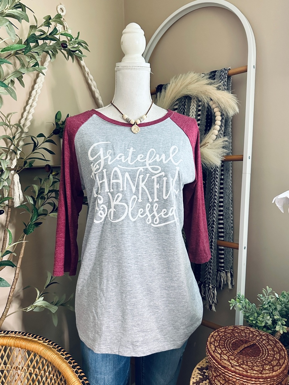 Grateful Thankful Blessed Fall Thanksgiving Raglan Baseball Tee L